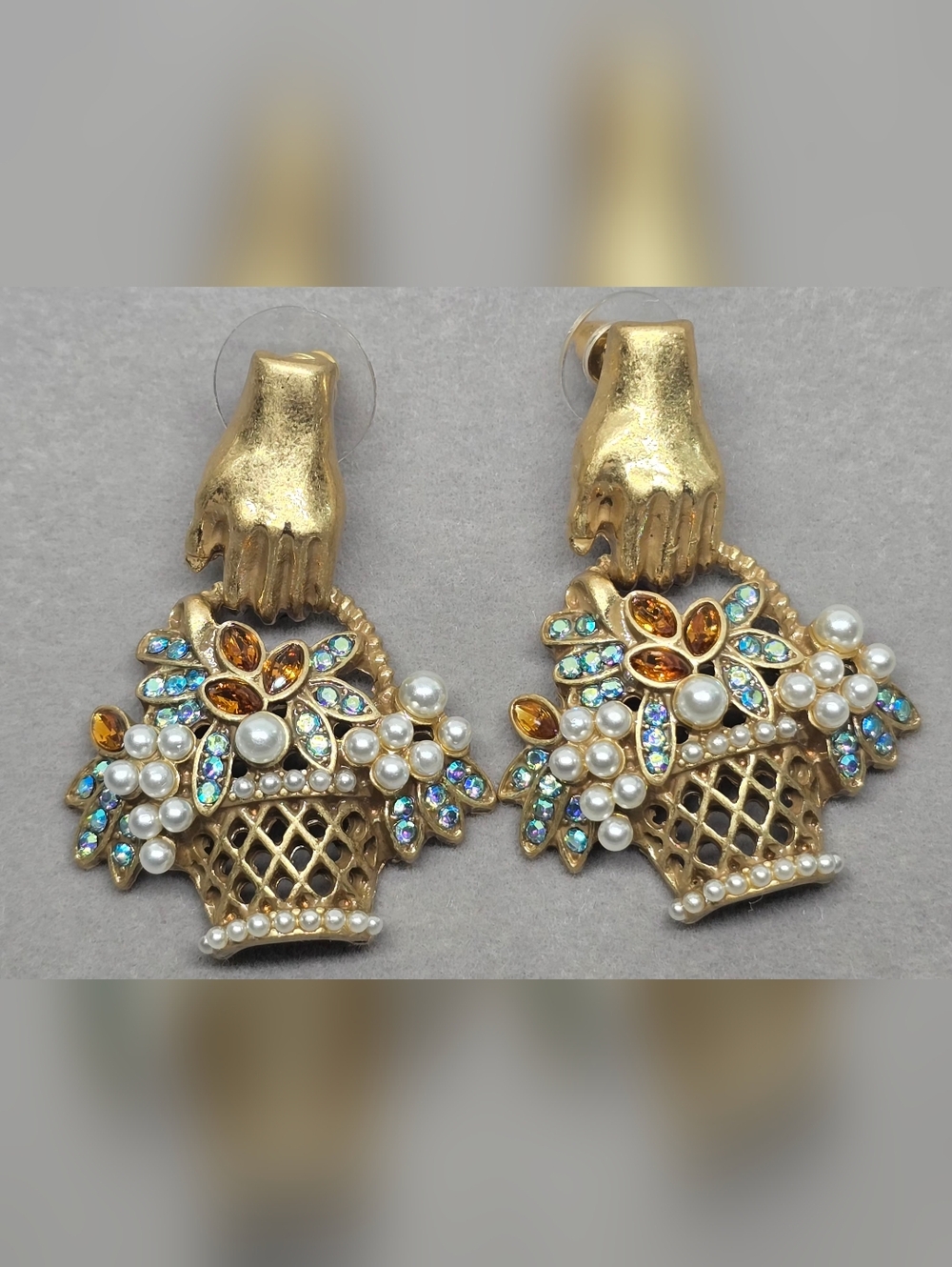 Vintage Style Gold Basket Pearl and Multistone Drop Earrings - Picture 7 of 7